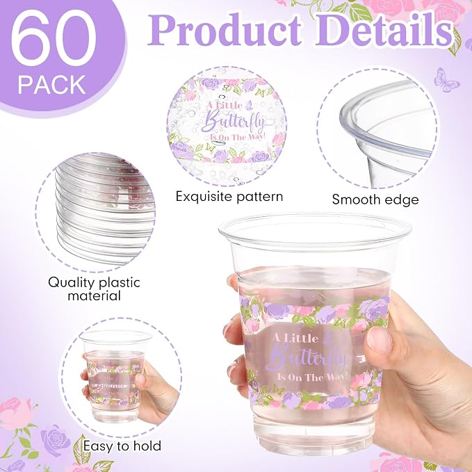 Funnymoom 60 Pack Butterfly Baby Shower Cups, a Little Butterfly Is on The Way Baby Shower Decorations, 12 oz Pink Purple Floral Disposable Clear Plastic Cups for Spring Summer Birthday Party Supplies