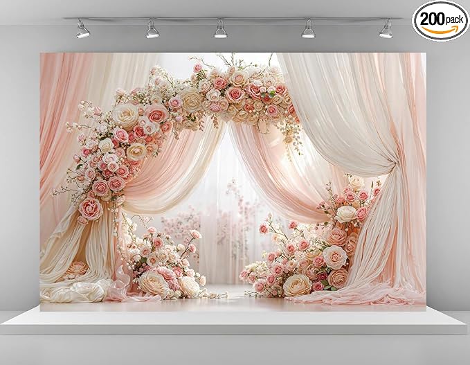 Kate Wedding Backdrop Pink Floral Arch Photography Background 10x6.5ft Blush Pink and Ivory Curtain with Roses Flower Decor Backdrop for Bridal Shower Photo Booth Props Backdrop