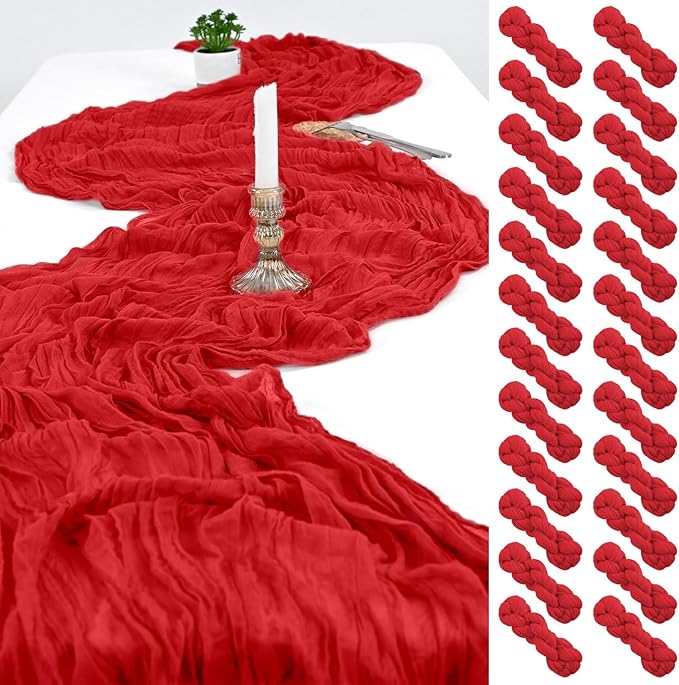 24 Pack Red Cheesecloth Table Runner,9FT Burgundy Runner,17x108inch Rustic Boho Gauze Table Runner for Wedding Party Bridal Shower Thanksgiving Christmas Boho Table Decoration