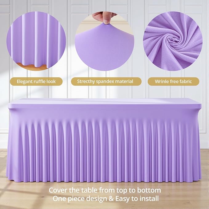 Suppromo 2 Pack 6ft Lavender Spandex Table Cloths for Rectangle Tables Wrinkle Free Light Purple Rectangle Tablecloths Stretch Fitted Table Cover for Birthday Party Wedding Banquet Baby Shower Buffet