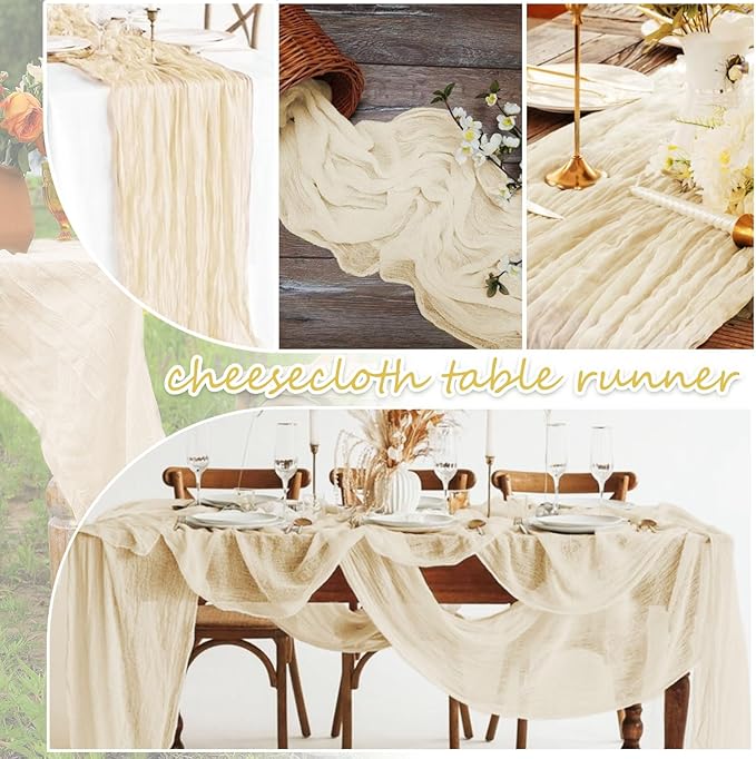 20 Pack Ivory Cheesecloth Table Runner 10FT Long Boho Gauze Fabric Table Runner Vintage Rustic Sheer Runners for Wedding Party Bridal Baby Shower Table Decorations
