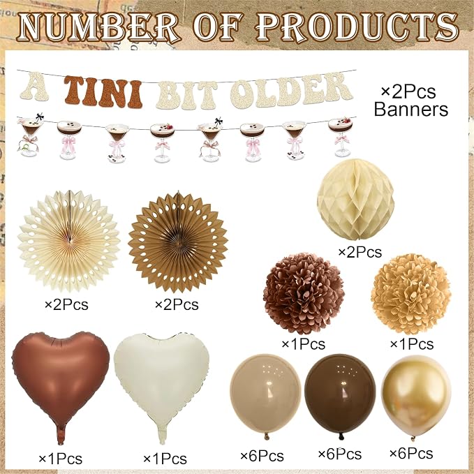 a Tini Bit Older Birthday Decorations - 30PCS Brown a Tini Bit Older Party Banners Balloons Paper Fans Pompoms Honeycomb Centerpieces, Martini Espresso Birthday Decor Supplies for Women