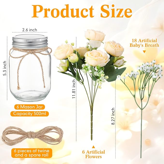 Zeyune 6 Sets Mason Jar Centerpiece Table Decorations, Artificial Peony Baby's Breath Flower Bouquets, Faux Flowers with Vase, Rustic Decor Gifts for Home, Wedding, Holiday (Champagne)