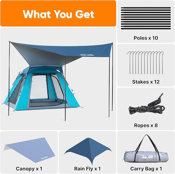 Golabs Pop Up Camping Tent for 2/3/4 Person, 1-Min Setup by Pre-Attached Pole, 4 Side Mesh& Door for View/Airflow, CT2 Instant Canopy Tent with PU1500mm Waterproof, for Outdoor/Camping/Music Festivals