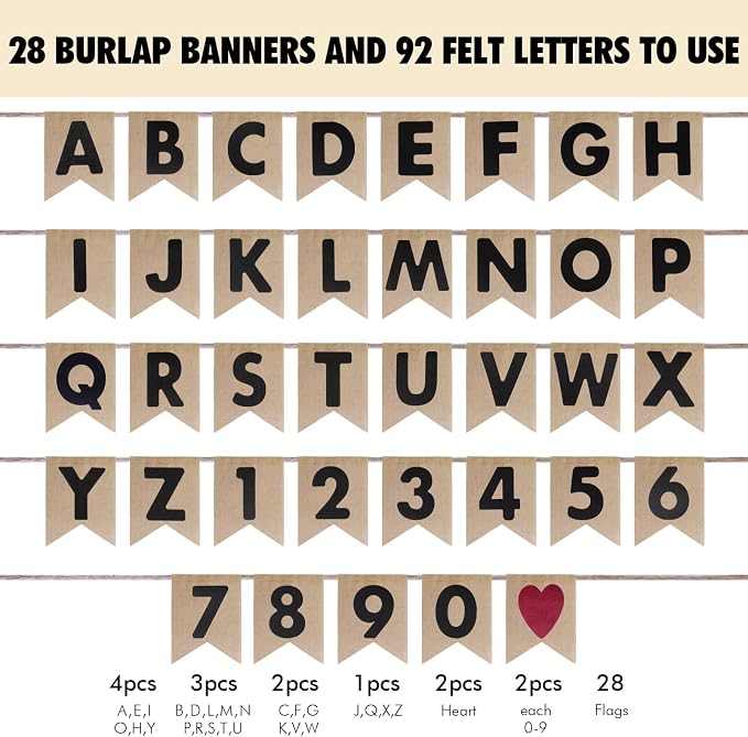 Custom Banner Kit, 28 Burlap Banner with 92 Felt Letters, Make Your Own Diy Customizable Kit for Birthday Wedding Party Decorations