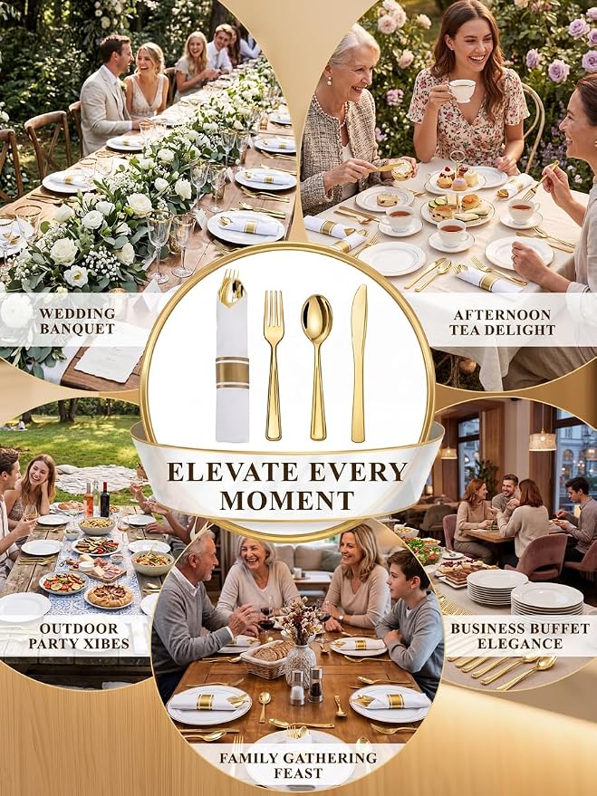 Supernal 30 Pack Pre Rolled Gold Plastic Silverware with Linen Feel Napkins, Heavy Duty Disposable Wrapped Cutlery Set for Weddings, Graduation Parties 2026, Upscale Catering & Events