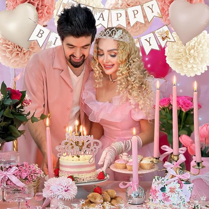Birthday Decorations Set, Pink Party Decoration with Vintage Pink Balloons, Banner, Pom Poms, Fringe Curtain Background, Birthday Crown, Shoulder Strap for Girls Women Boho Party Supplies