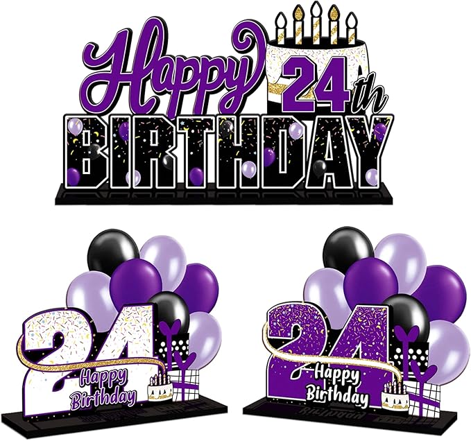 LINGTEER Happy 24th Birthday Purple Acrylic Table Topper Centerpieces Set - Cheers to 24 Years Old Birthday 24th Bday Party Gift Decorations.