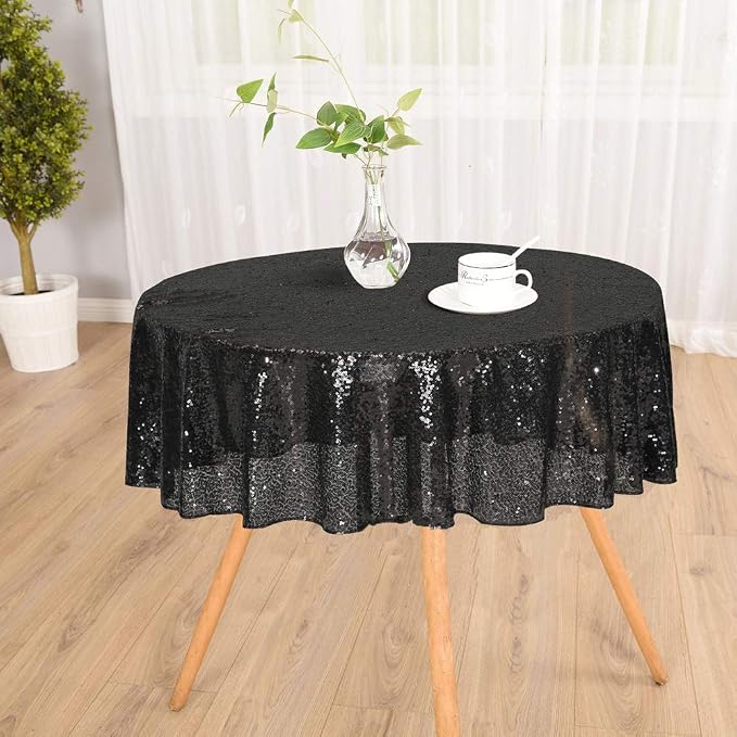 Juya Delight 50-Inch Round Black Sequin Tablecloth for Wedding Birthday Party Festival Ceremony Dessert Table