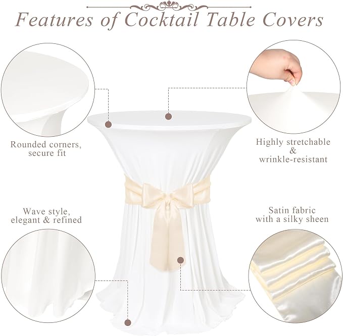Kochorie 4 Set Cocktail Table Covers with Satin Sash, 32 x 43 Inch Round Cocktail Table Skirt, Spandex Stretch High Top Tablecloth for Wedding Banquet Birthday Party Decorations, (Ivory, Champagne)