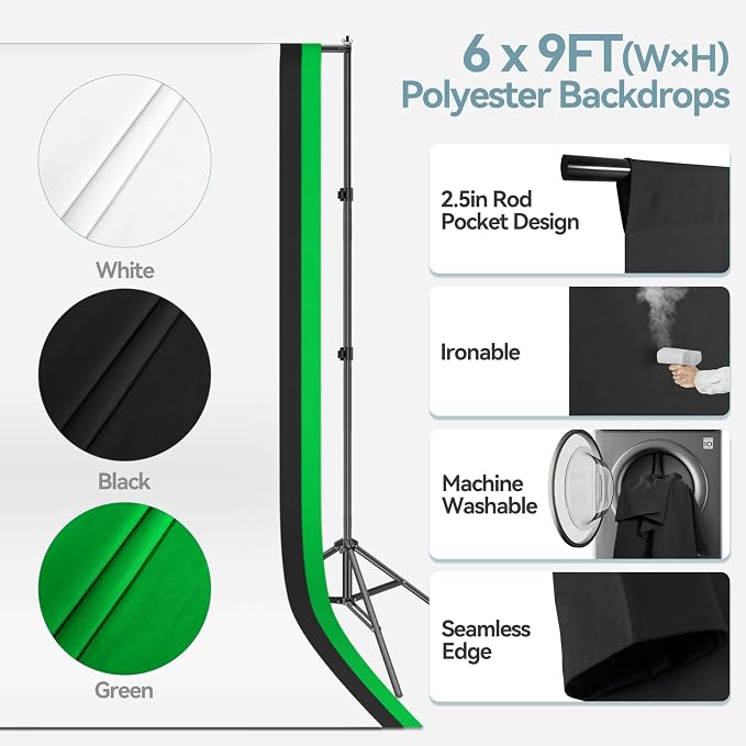 7x10 FT Photography Background Support System, Adjustable Photo Video Studio Backdop Stand Kit with 3 Polyster Background (Black, White, Green), Spring Clamps, Sandbags and Carry Bag