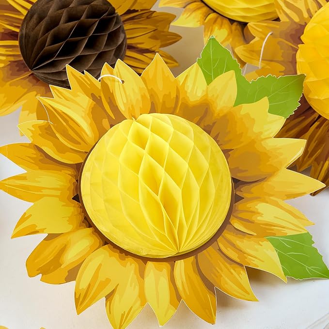 SUNBEAUTY Sunflower Party Decorations 3D Large Sunflower Birthday Honeycomb Hanging Paper Decorations Yellow Sun Flower Ceiling Wall Tissue Flowers Summer Baby Shower Classroom Bulletin Board