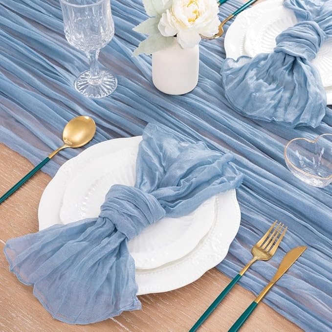 MLMC Dusty Blue Table Runner 10ft Boho Gauze Blue Cheesecloth Table Runner Rustic Cheese Cloth Centerpiece 35x120 Inches for Wedding Bridal Shower Baby Shower Party Decor