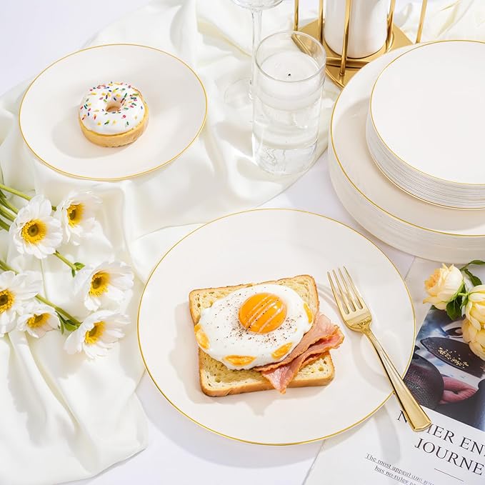 Nervure 100Pcs Ivory and Gold Plastic Plates - 7.5inch Disposable Ivory Dessert/Salad Plates - Heavy Duty Plastic Plate Ideal for Wedding & Party & Mothers Day