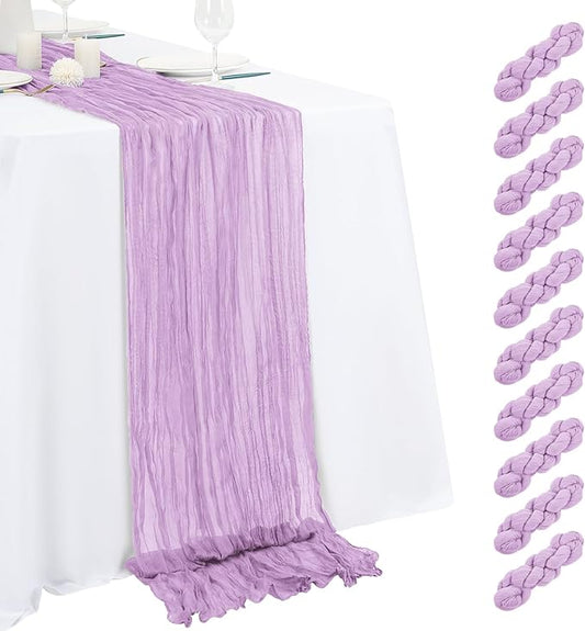 10 Pack Lavender Cheesecloth Table Runner 17x108 Inch Semi Sheer Boho Gauze Cheese Cloth Table Runners, for Wedding Bridal Shower Birthday Party Home Decor Garden Farmhouse