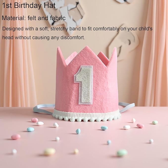 First Birthday Decorations for Girl - Complete Party Set with High Chair Banner, Number 1 Balloon, One Cake Topper, Crown, Balloons & Birthday Banner(Pink)