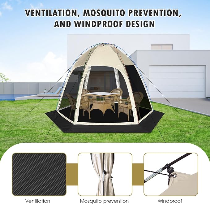 Screen Tent with Removable Floor, Siebwin 10'x10' Six-Sided Gazebos with Mosquito Netting Sunproof Outdoor Canopy Tent for 4-6 People Family Backyard Party Outside Activities