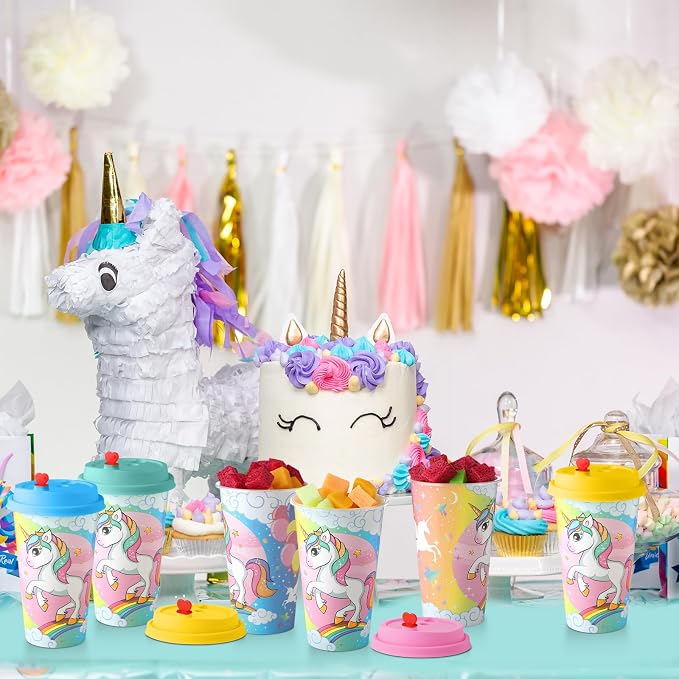 Maxcheck 24 Sets 16 oz Unicorn Party Favors Goodie Cups with Colorful Lids and Straws for Birthday Decorations Reusable Plastic Candy Cups Bulk Plastic Straws for Birthday Party Celebration Gifts