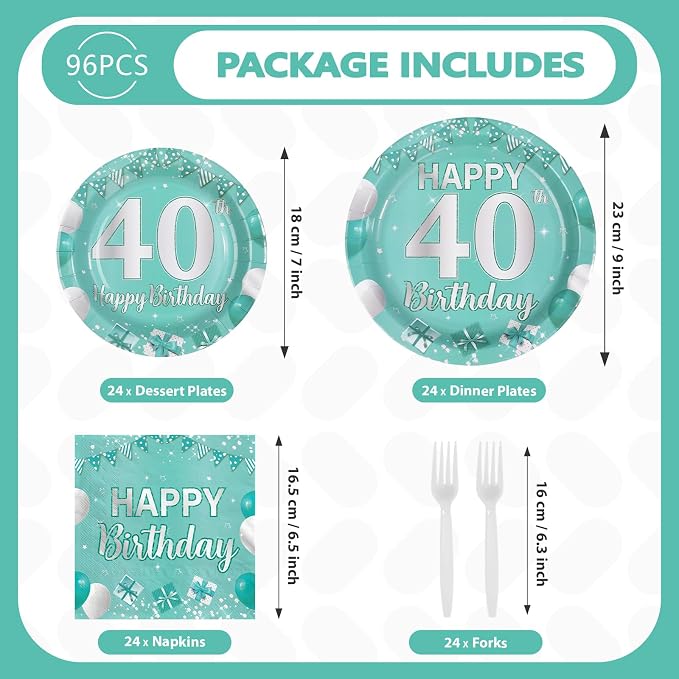 96Pcs Teal 40th Birthday Party Decorations Teal and Silver Plates and Napkins Tableware Sets Forty Party Decorations for Women 40 Years old Birthday Supplies Serves 24