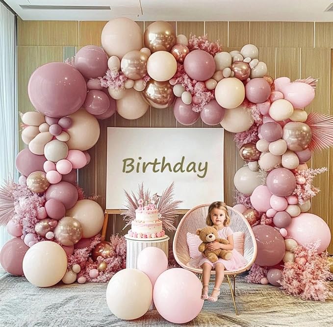 Dusty Pink Rose Balloon Garland Double Stuffed Mauve Light Pink Latex Blush Nude Beige Champagne Gold Balloon Arch Kit for Mothers Day Birthday Baby Shower Neutral Boho Wedding Party Decor
