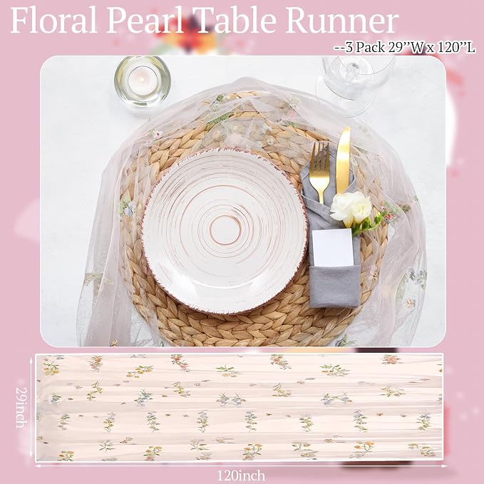 Lounsweer 3 Pcs Pink Wildflower Table Runner 10ft Embroidery Tulle Spring Floral Table Runner Seasonal Summer Butterfly Kitchen Dining Gauze Decoration for Wedding Baby Shower Birthday Party