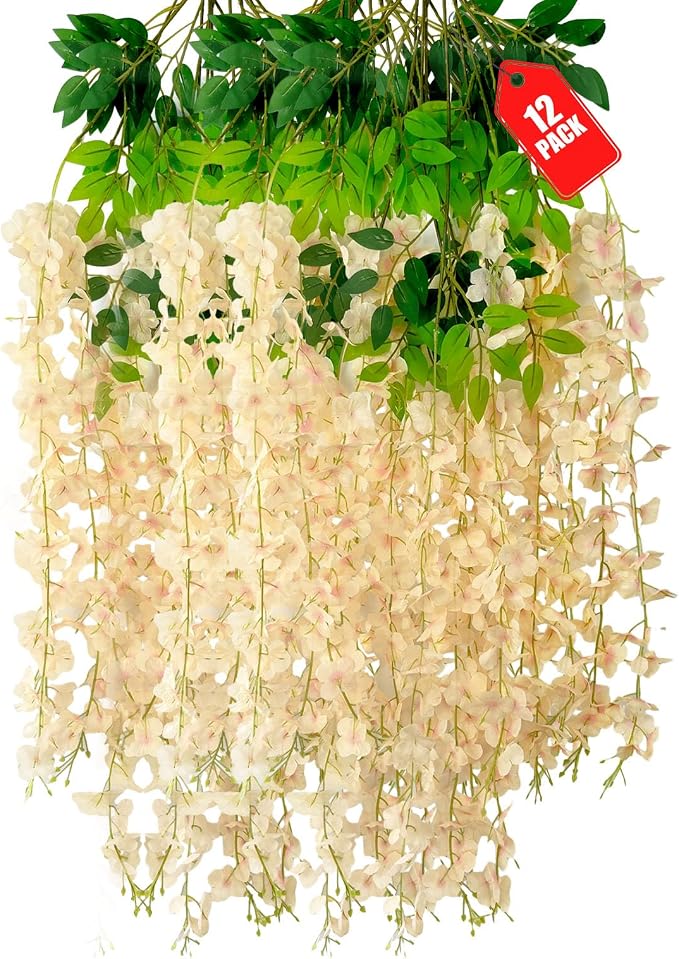 12 Pack Champagne Wisteria Hanging Flowers, 3.44 Ft Fake Hanging Flowers, Artificial Wisteria Garland Vines for Wedding Room Backdrop Outdoor Patio Garden Decoration