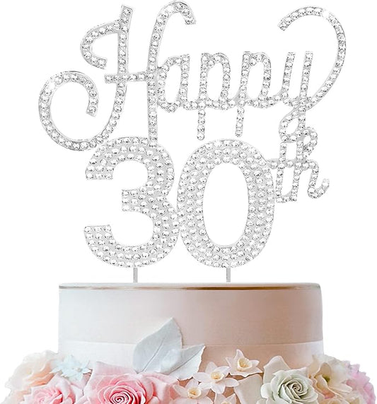 LINGTEER Happy 30th Birthday Silver Rhinestone Cake Topper - Cheers to 30th Birthday Thirty Years Old Anniversary Party Cake Centerpieces Topper Decorations Gift Sign.