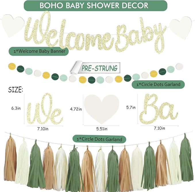 Sage Green Baby Shower Decorations Boys Safari Welcome Baby Sign Olive Green Paper Flowers Honeycomb Balls Lanterns Fans Hanging Swirls Tassel Garlands for Baby Gender Reveal Party Décor