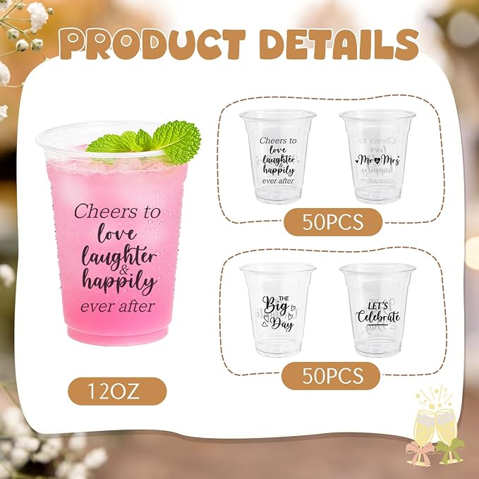 100 Pack Disposable Wedding Plastic Cups 12 oz Mr and Mrs Cheers to Love Cups Drinking Cups for Engagement Bridal Shower Wedding Anniversary Decorations