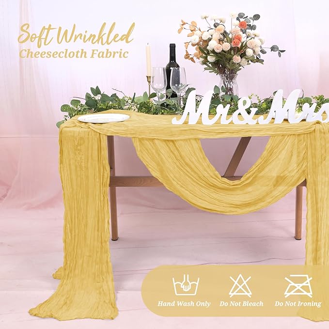 10 Pack Cheesecloth Table Runner Gold, Rustic Boho Gauze Fabric Table Runner Romantic Table Runner for Wedding, Festival, Birthday, Anniversary, Dinner and Outdoor Events (17.7 x 108 inch)