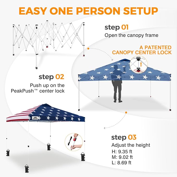 EAGLE PEAK Pop Up Canopy Tent with Wheeled Carry Bag, 8 Stakes, 4 Ropes, 4 Weight Bags, Easy Set Up Tent Canopy, 10x10 ft, 100sqft of Shade, American Flag