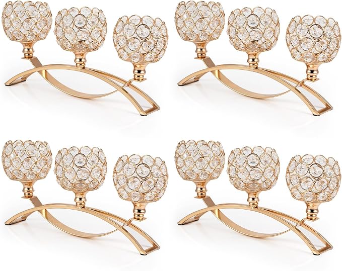 4Set Gold Crystal Candle Holders Decorative Candelabra for Wedding Centerpiece,Metal 3 Arms Candlesticks Holder Stand for Dining Table Living Room Home Decor, Party, Anniversary,Halloween,Christmas