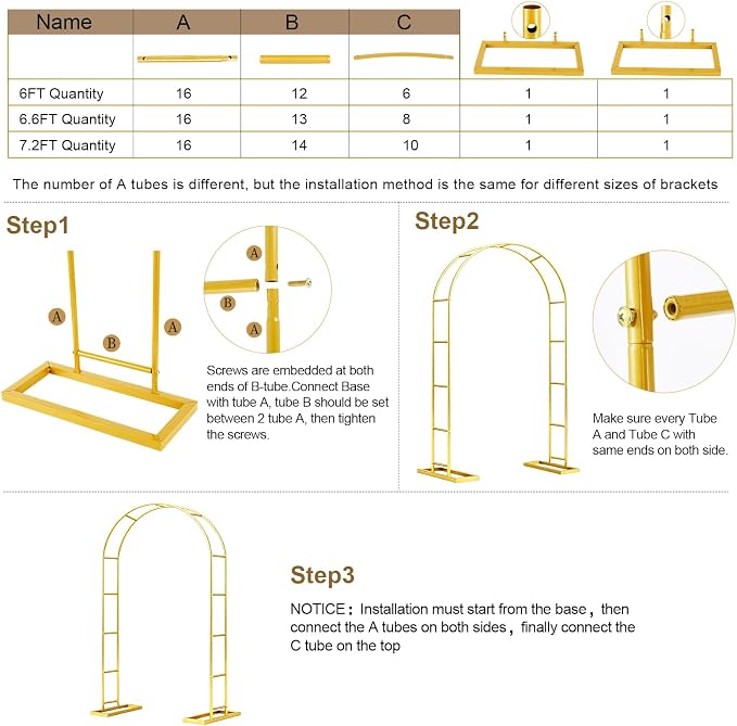 6.6FT Metal Wedding Arch Stand Gold Square Arched Backdrop Frame，Assemble Freely 3 Sizes,Metal Pergola Arbor with Base for Party Ceremony Birthday Bridal Baby Shower Garden Floral Balloon Arch Decor