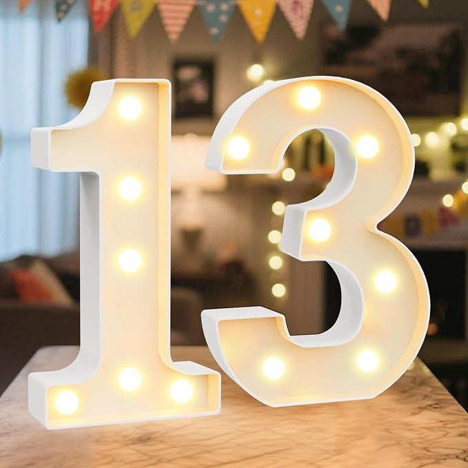 LED Marquee Light Up Numbers Sign - Lighted Birthday Numbers Sign for 13th Birthday Party Decoration, Bar Wall, Home, Table Room, Wedding and Christmas Decorations, Number 13