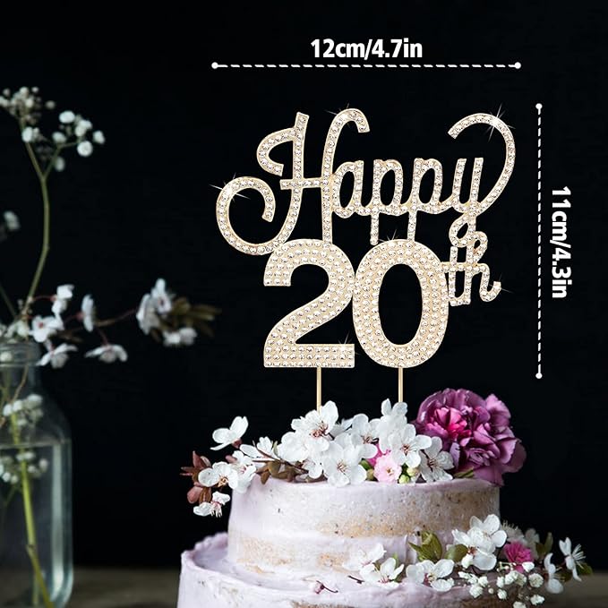 LINGTEER Happy 20th Birthday Gold Rhinestone Cake Topper - Cheers to 20th Birthday Twenty Years Old Party Cake Centerpieces Topper Decorations Gift Sign.