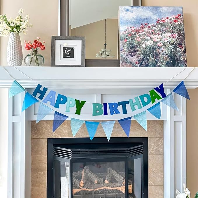 Pre-Strung Happy Birthday Banner - Felt Ball Garland, Rainbow Party Decorations, HAPPY BIRTHDAY Garland, Personalized Birthday Sign for Birthday Decor, Party Decor, Photo Prop (Blue Happy Birthday Banner)