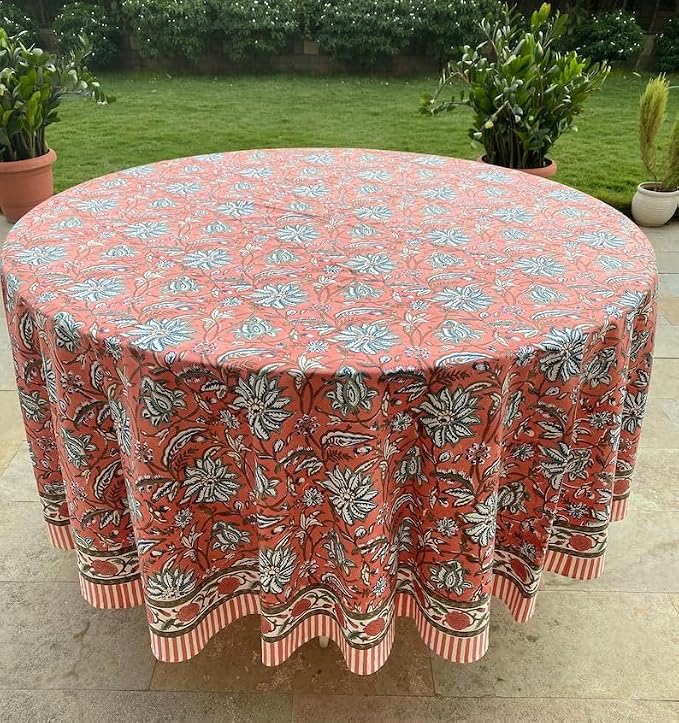 Ridhi Round Tablecloth Hand Block Print 100% Cotton Reusable Peach and Berry Blue 132 Inch Table Cover Decorative Everyday Use for Dining, Home, Farmhouse Gift for Spring, Mother's Day
