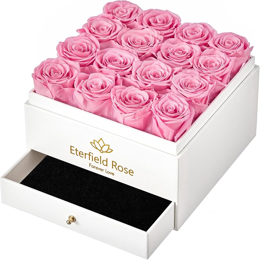 Eterfield Forever Flowers Preserved Roses Real Roses That Last Over a Year Rose Box Gifts for Her Mothers Day Valentines Day Christmas (Square White Box with Drawer, 16 Pink Roses)
