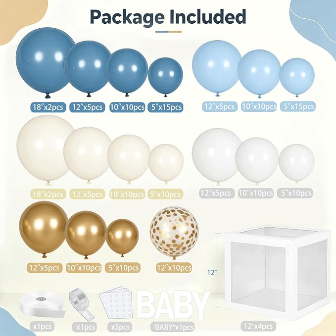 Dusty Blue Balloons Baby Shower Decorations for Boy, Dusty Blue Beige White Gold Confetti Balloon Arch Kit Baby Boxes with Letters for Gender Reveal Boy Birthday Wedding Bridal Party Decorations