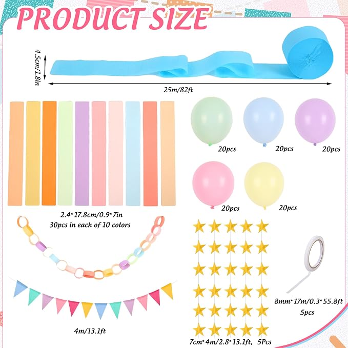 FYSUIMU Pastel Decorations 300Pcs Colorful Paper Chain Stripe 100Pcs Balloon 656 Ft Crepe Paper Streamer 65.6 Ft Gold Star Garland 13.1 Ft Flag Banner for Back to School Wedding Backdrop DIY Crafts