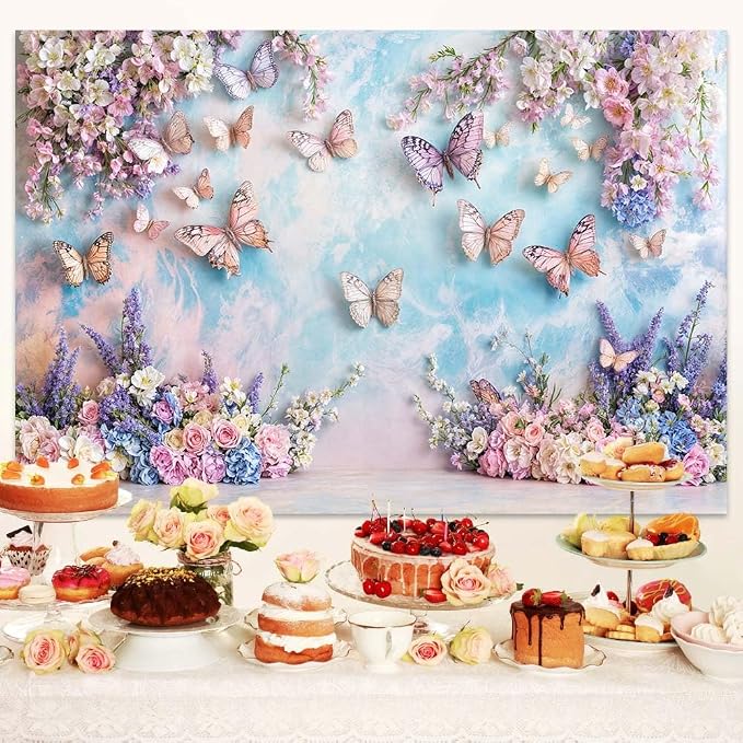 Purple Butterfly Floral Backdrop Elegant Flowers Photography Background for Girls Princess Butterfly Theme Birthday Baby Shower Events Party Decor Table Cake Photo Backdrops Photo Booth Prop