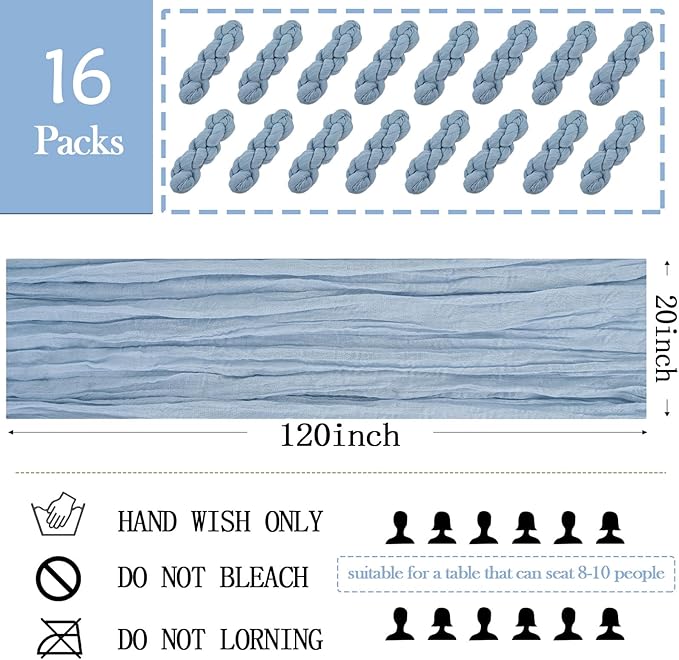 16 Pack Dusty Blue Cheesecloth Table Runner 20 x 120 inch Gauze Table Runners 10 FT Long,Semi Sheer Boho Cheese Cloth Fabric Table Runner Bulk for Wedding,Party,Baby Shower,Bridal Shower Decoration