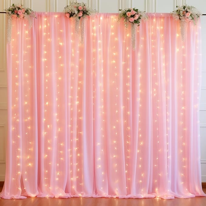20ft x 10ft Baby Pink Chiffon Backdrop Curtain with Lights String for Parties,4 Panels Sheer Tulle Curtain Wedding Backdrop for Baby Shower Birthday Party Ceremony Reception Home Decorations