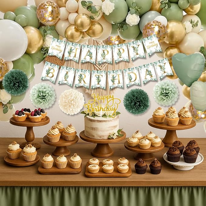Birthday Decorations Set, Sage Green Party Decoration with Sage Green Balloons, Banner, Pom Poms, Fringe Curtain Background, Birthday Crown, Shoulder Strap for Girls Women Boho Party Supplies