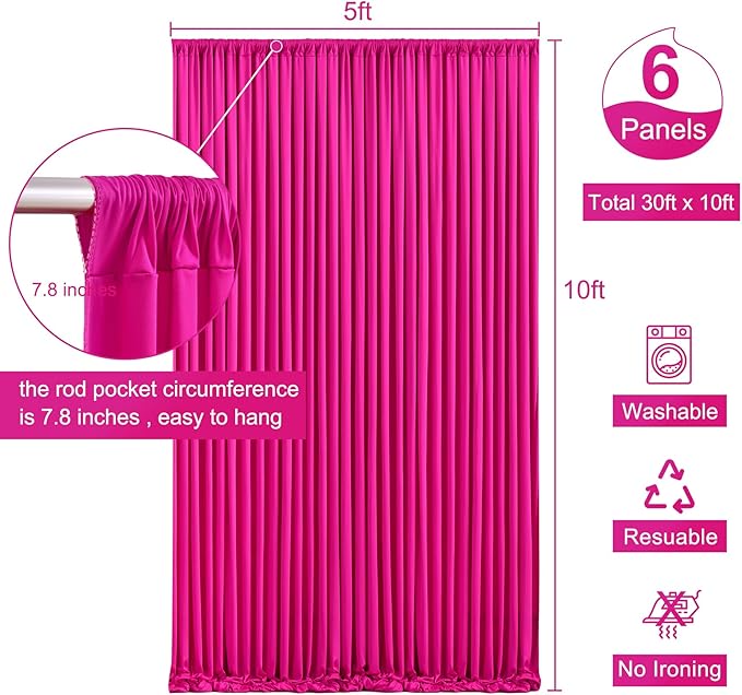 6 Panels Fuchsia Backdrop Curtain for Parties Birthday Party Wrinkle Free Hot Pink Photo Curtains Backdrop Drapes Fabric Decoration for Wedding 30ft(W) x 10ft(H)