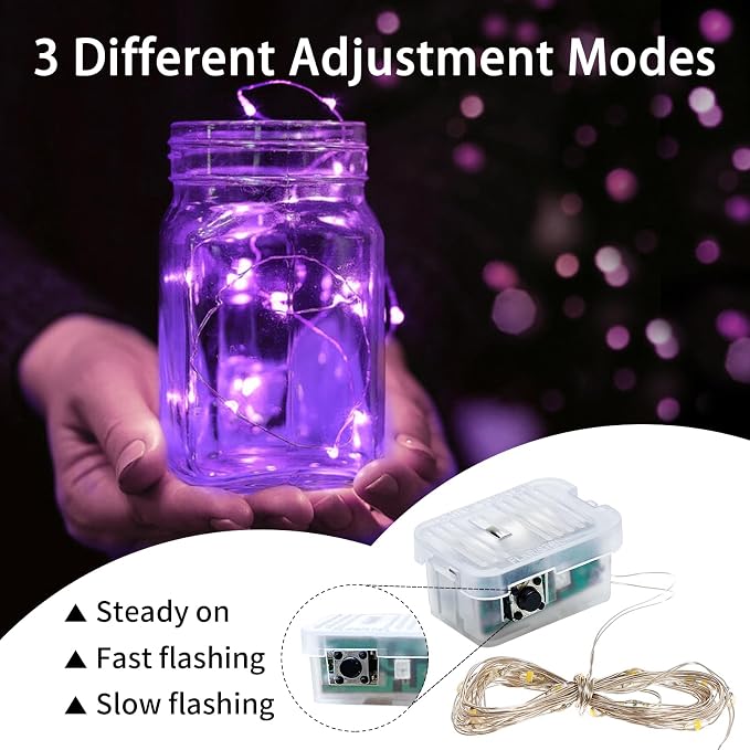 24 Pack Purple Fairy Lights 7Ft 20 LED Twinkle String Lights 3 Modes Battery Operated Waterproof Firefly Starry for Mason Jar Wedding Halloween Christmas Valentines Day Party Table Centerpieces