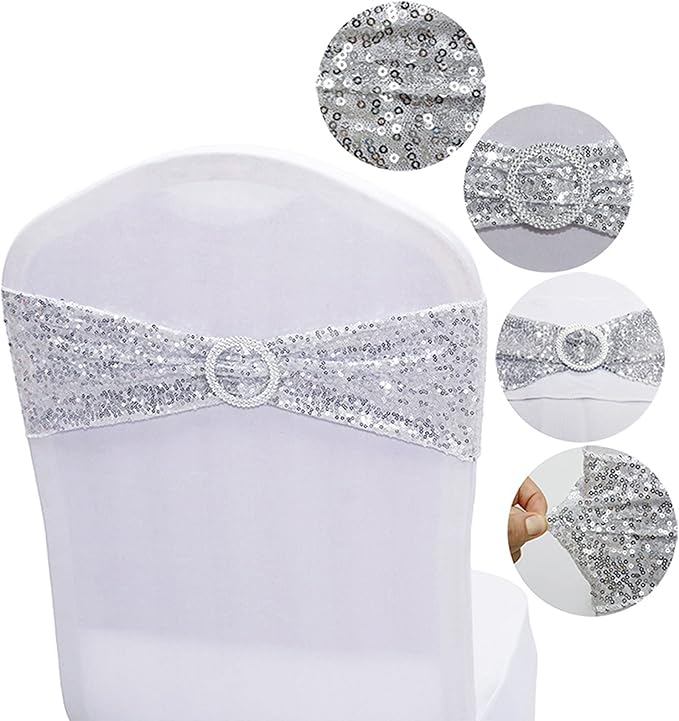 Dimatic 50 PCS Stretch Sequin Chair Sashes Chair Stretchy Spandex Bands for Wedding Reception Events Banquets Chairs Decoration (Silver)