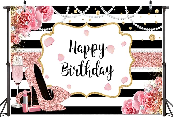Sensfun 10x6.5ft Pink Floral Happy Birthday Backdrop for Women Glitter Rose Gold High Heel Champagne Photography Background Black Stripes Decorations Girl Sweet Birthday Party Banner Photo Booth Props
