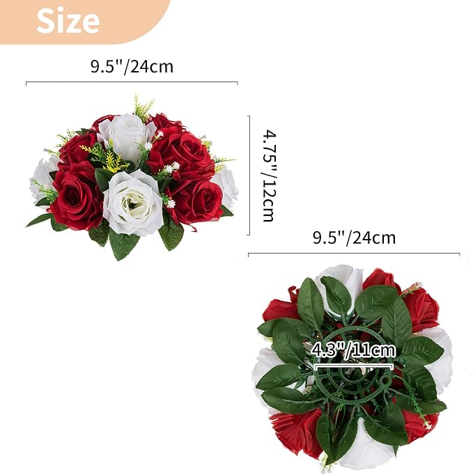 NUPTIO Artificial Flower Centrepieces for Tables - 6 Pcs Crimson & White Fake Flowers Roses Balls 9.5in Diameter - Silk Faux Rose Arrangement for Wedding Party Centerpiece Table Decorations | Crimson & White, Silk Floral Balls Arrangement, for Birthday...