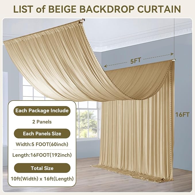 10x16ft Beige Backdrop Curtains for Wedding Party, 2 Panels 16 ft Long Back Drop Cloth, Wrinkle-Free Polyester Drapes for Birthday, Baby Shower, Stage Photography Background